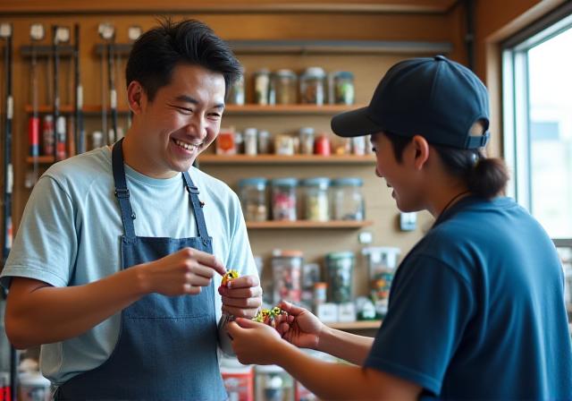 台東区浅草通りの店舗での釣行相談の様子